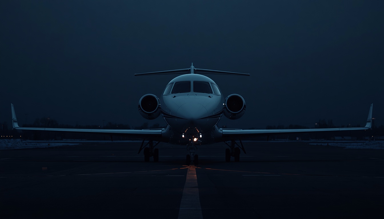 Private jet on tarmac at night