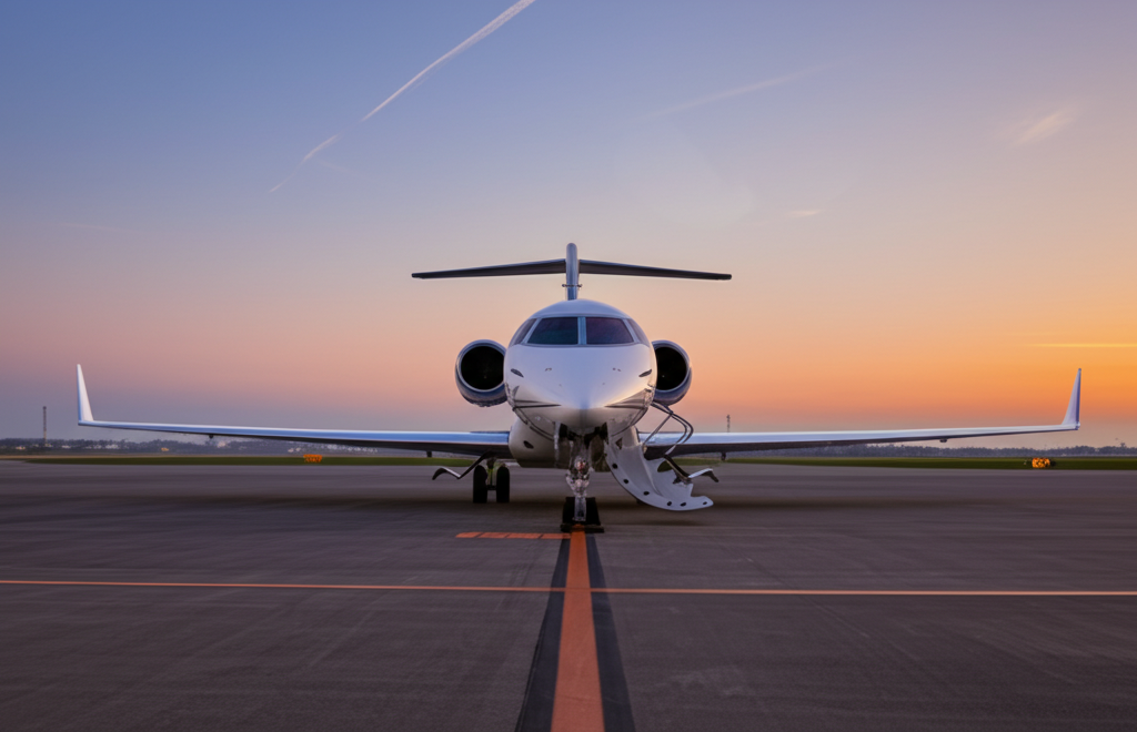 Private jet at sunset